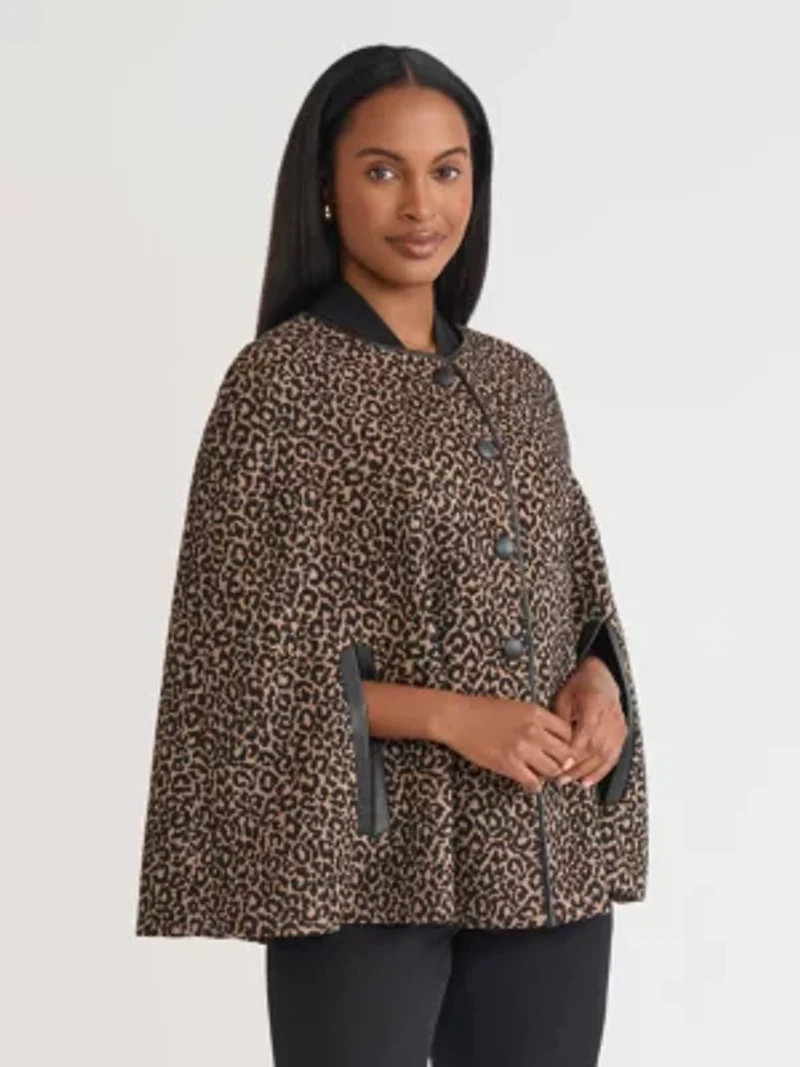 Petite Animal Jacquard Cape with Leather Trim
