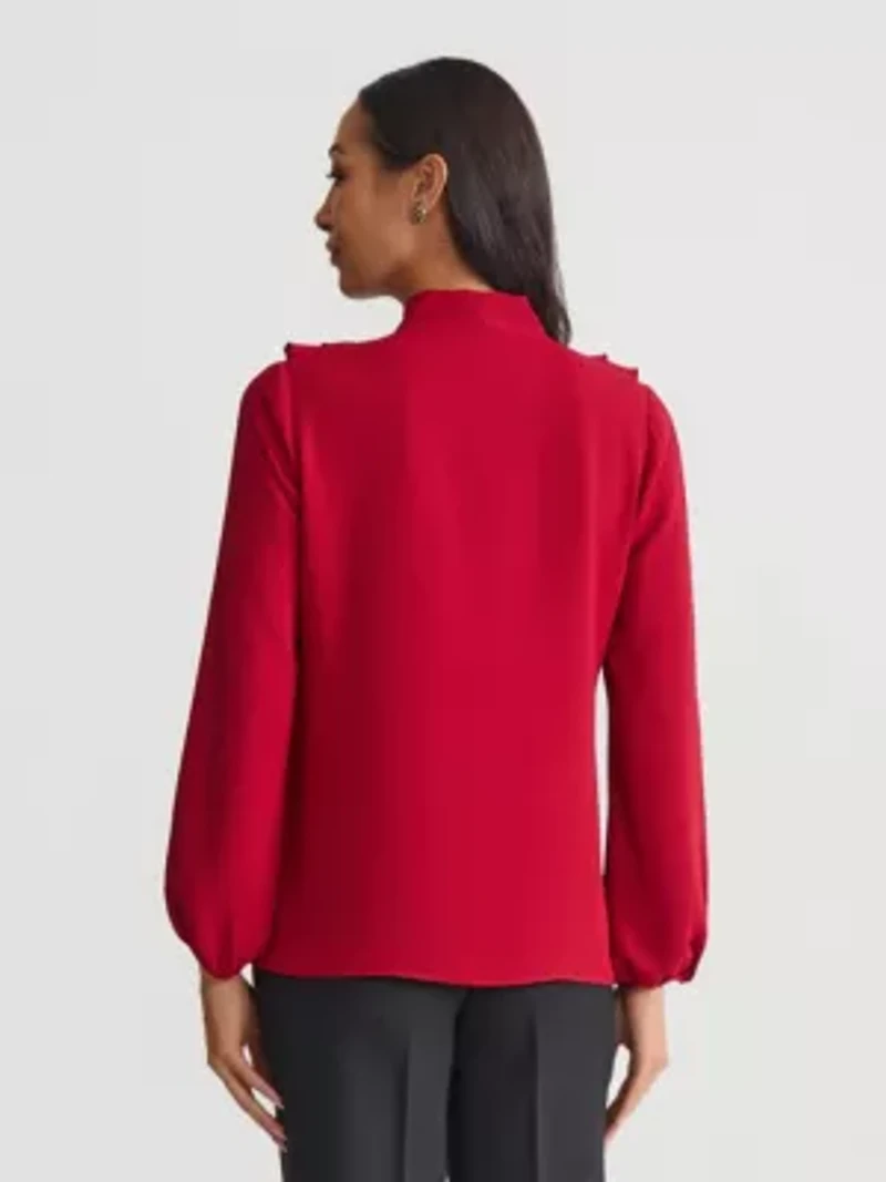 Women's Long Sleeve Ruffle Front Blouse with Tie