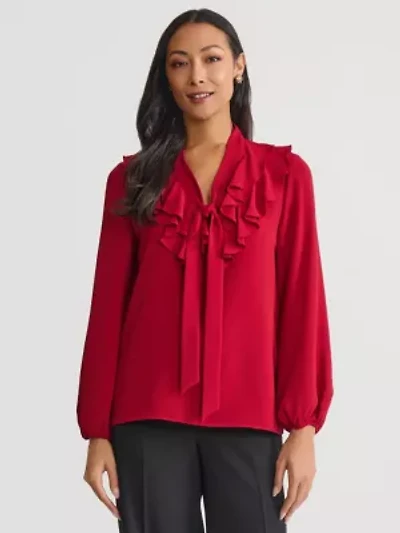 Petite Long Sleeve Ruffle Front Blouse with Tie