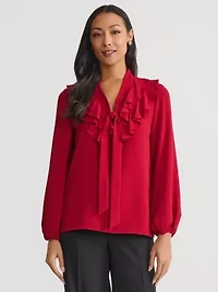 Petite Long Sleeve Ruffle Front Blouse with Tie