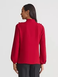 Petite Long Sleeve Ruffle Front Blouse with Tie