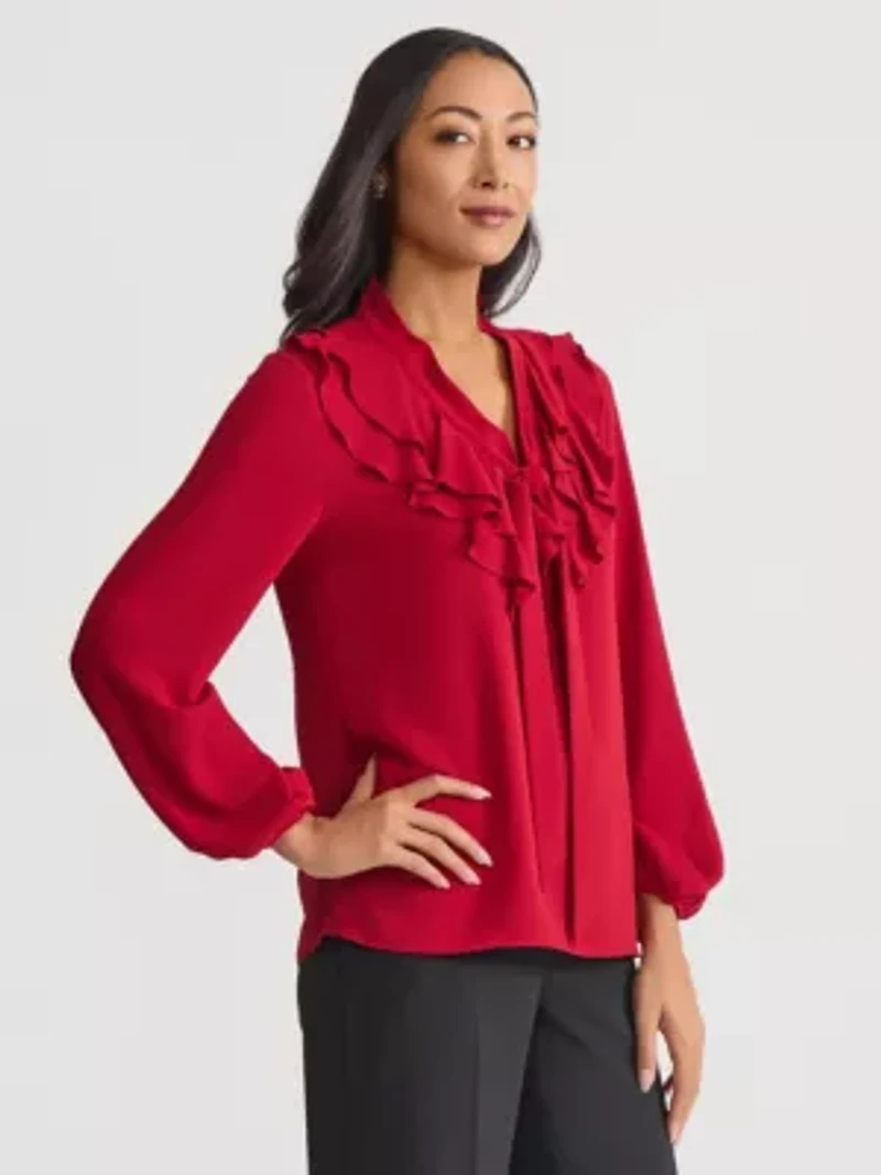Petite Long Sleeve Ruffle Front Blouse with Tie