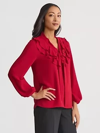 Petite Long Sleeve Ruffle Front Blouse with Tie