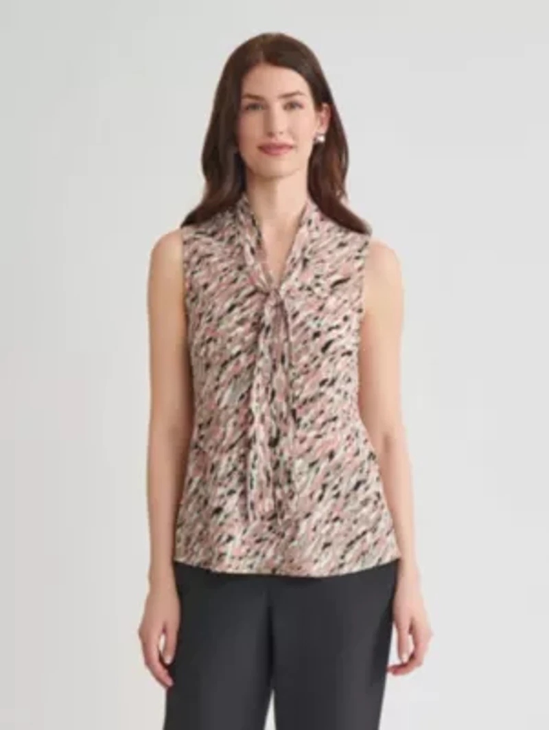 Multi Print Sleeveless Tie Neck Blouse