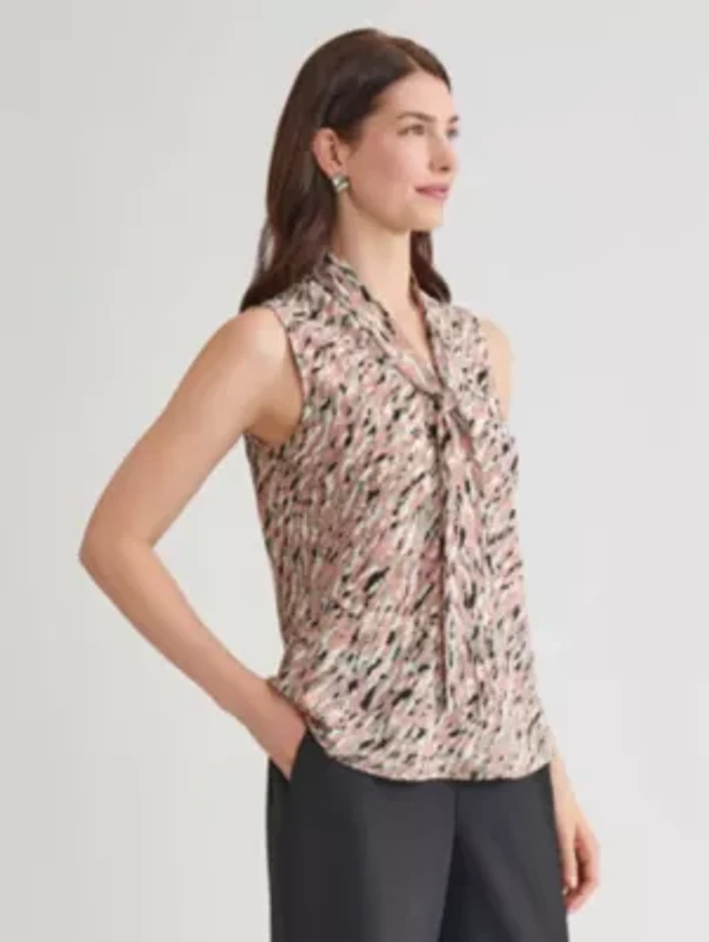 Multi Print Sleeveless Tie Neck Blouse