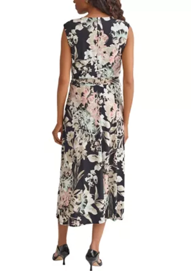 Soft Floral Print Pleat Neck Knit Dress