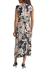 Soft Floral Print Pleat Neck Knit Dress