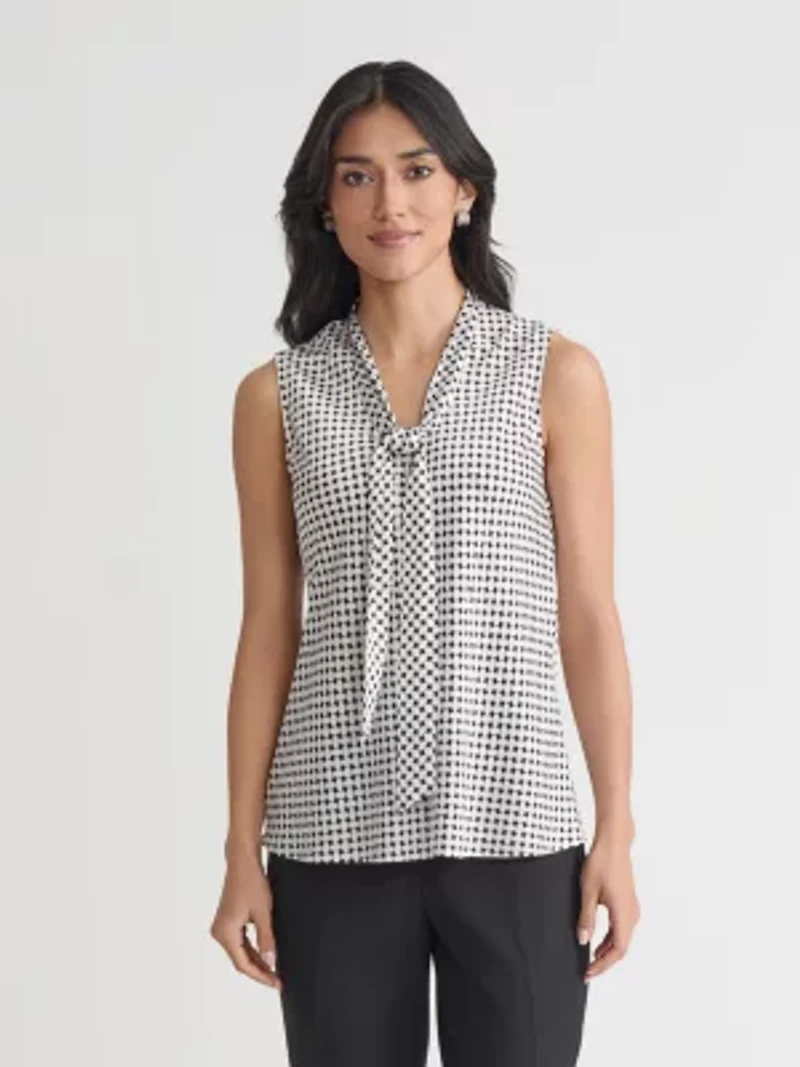 Petite Geo Print Sleeveless Tie Neck Blouse