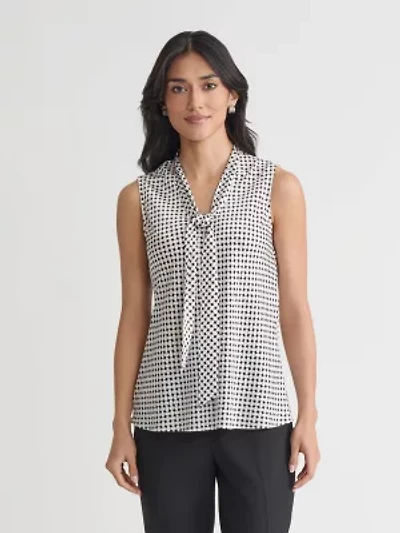 Petite Geo Print Sleeveless Tie Neck Blouse
