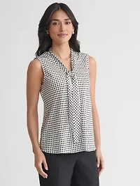 Petite Geo Print Sleeveless Tie Neck Blouse