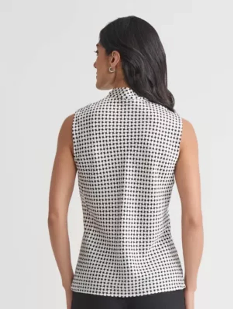 Petite Geo Print Sleeveless Tie Neck Blouse