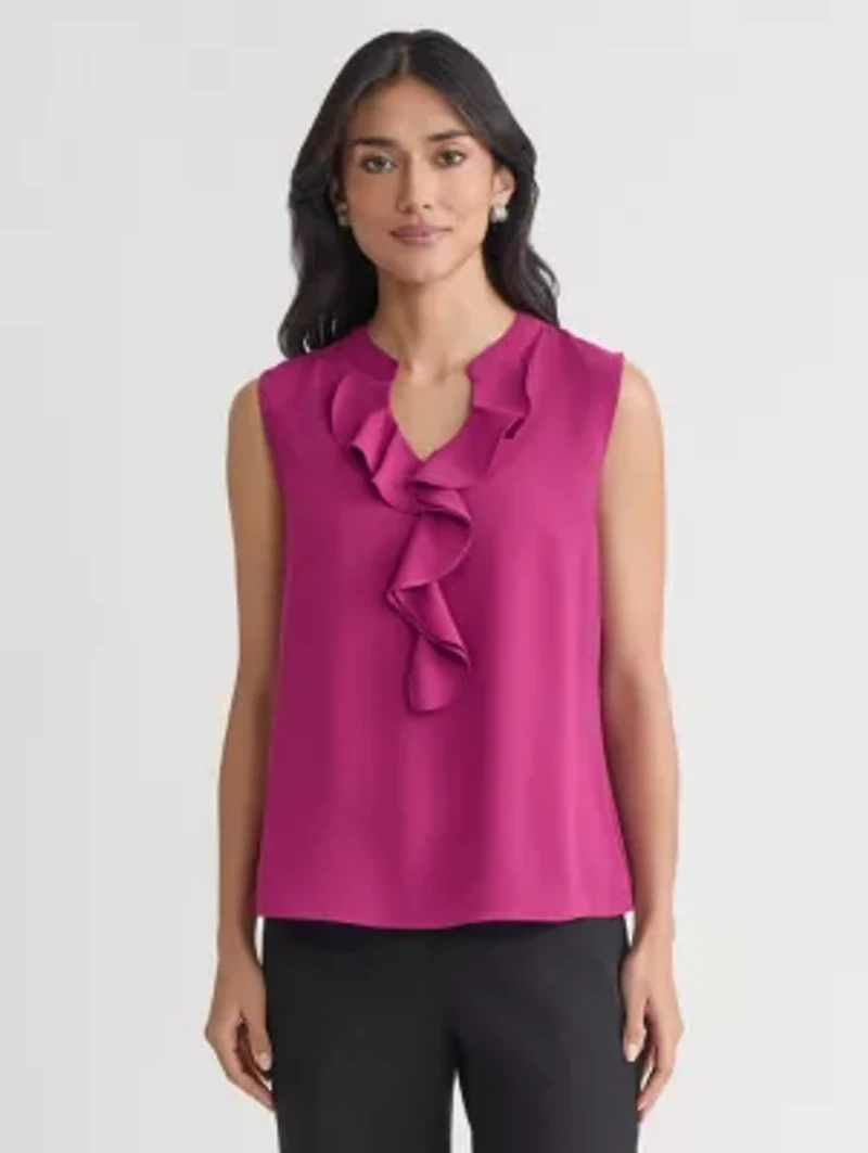 Petite Crepe Sleeveless Ruffle Front Blouse
