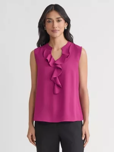 Petite Crepe Sleeveless Ruffle Front Blouse