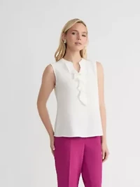 Petite Crepe Sleeveless Ruffle Front Blouse