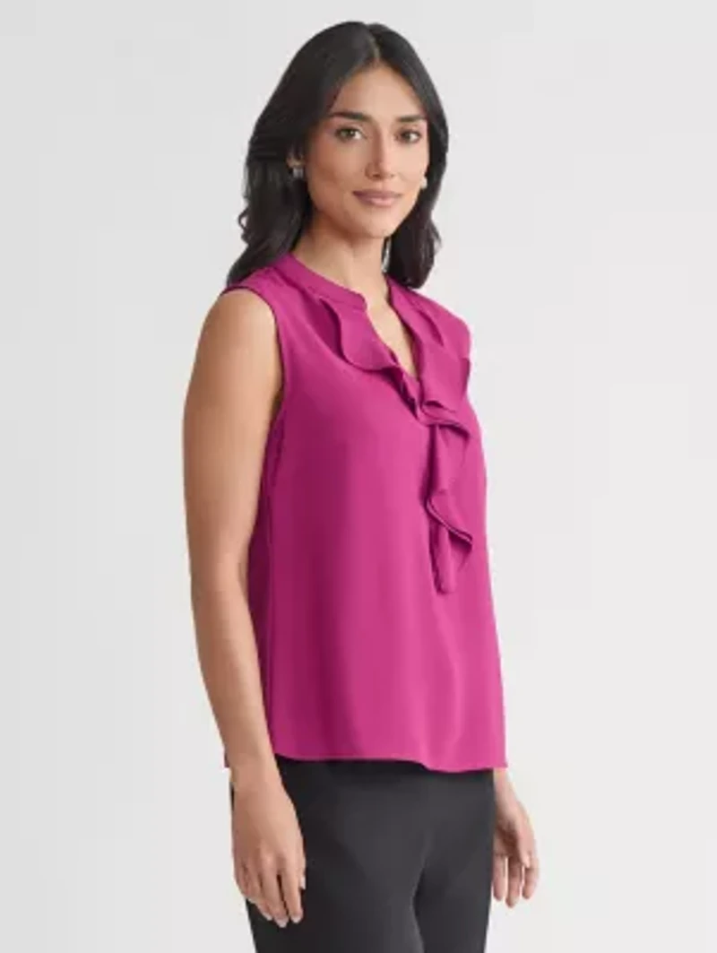 Petite Crepe Sleeveless Ruffle Front Blouse