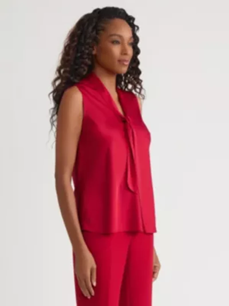 Women's Satin Sleeveless Tie Neck Blouse
