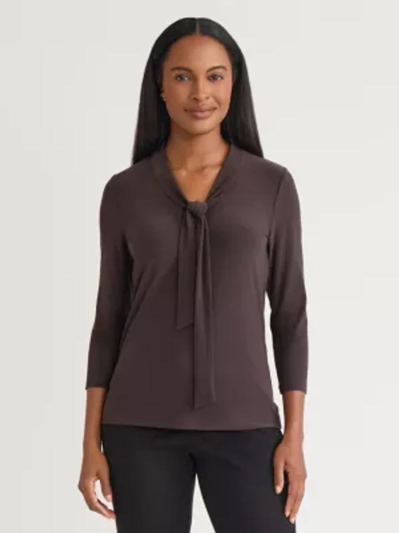 Petite Three Quarter Sleeve Tie Neck Knit Top