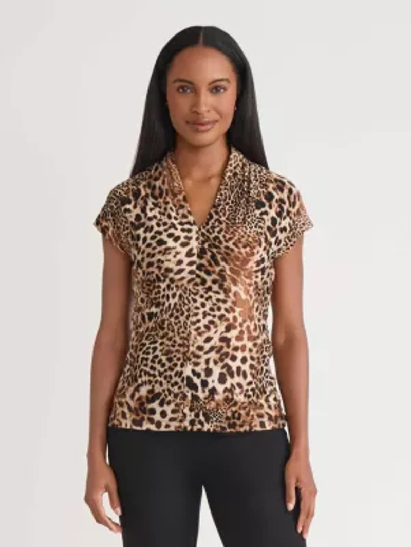 Petite Animal Print Funnel Neck Knit Top