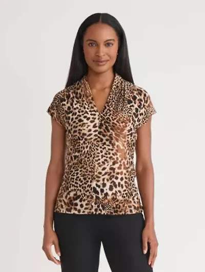 Petite Animal Print Funnel Neck Knit Top