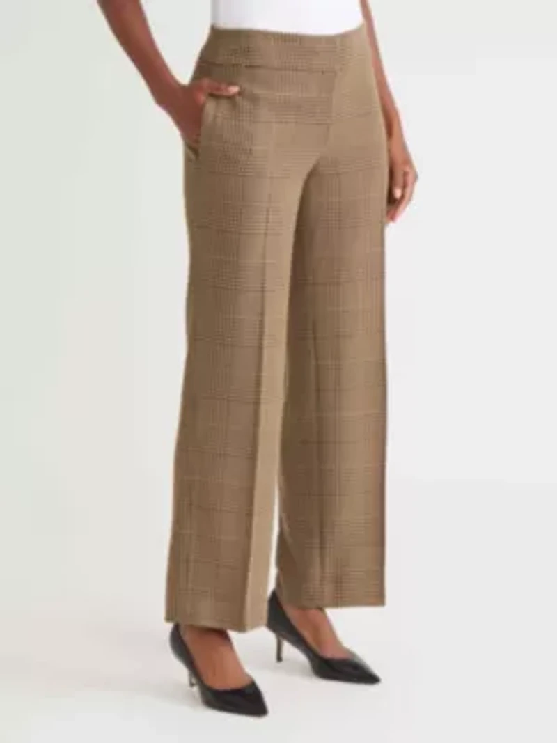 Petite Plaid Fly Front Wide Leg Pant
