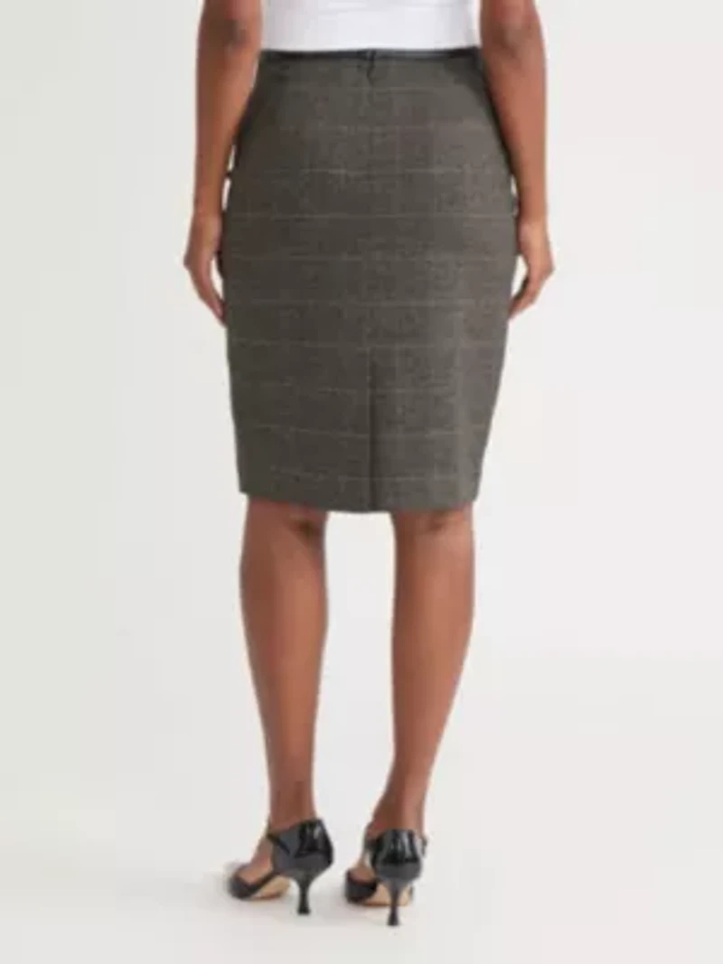 Women's Plaid Slim Skirt with Leather Trim