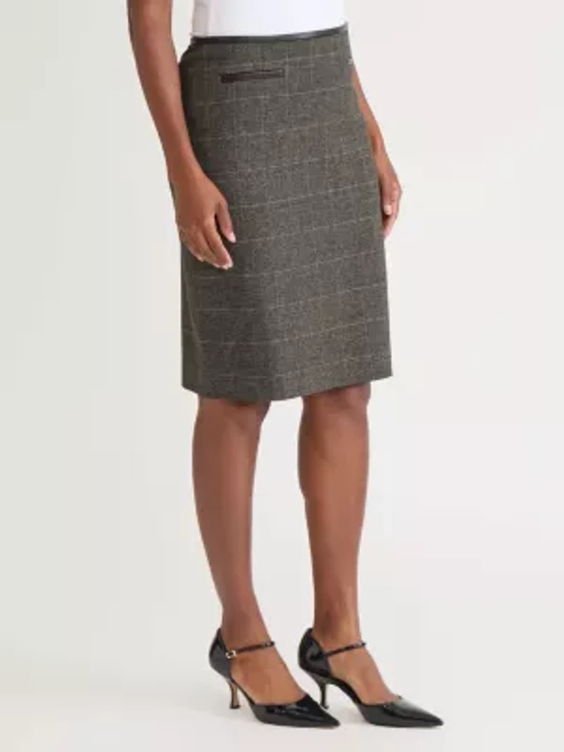 Women's Plaid Slim Skirt with Leather Trim