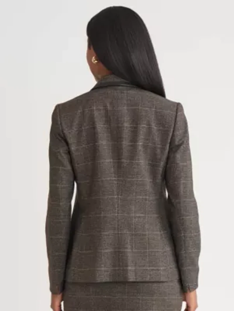 Women's Plaid One Button Jacket with Leather Framing