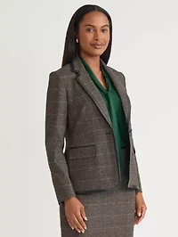 Women's Plaid One Button Jacket with Leather Framing