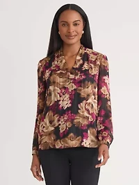 Petite Floral Print Long Sleeve V-Neck Blouse
