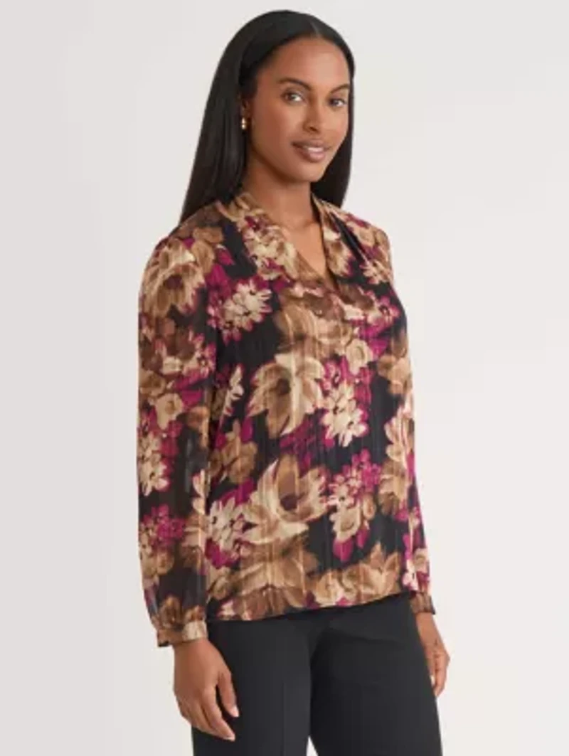 Petite Floral Print Long Sleeve V-Neck Blouse