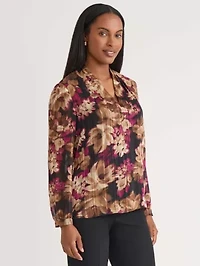 Petite Floral Print Long Sleeve V-Neck Blouse