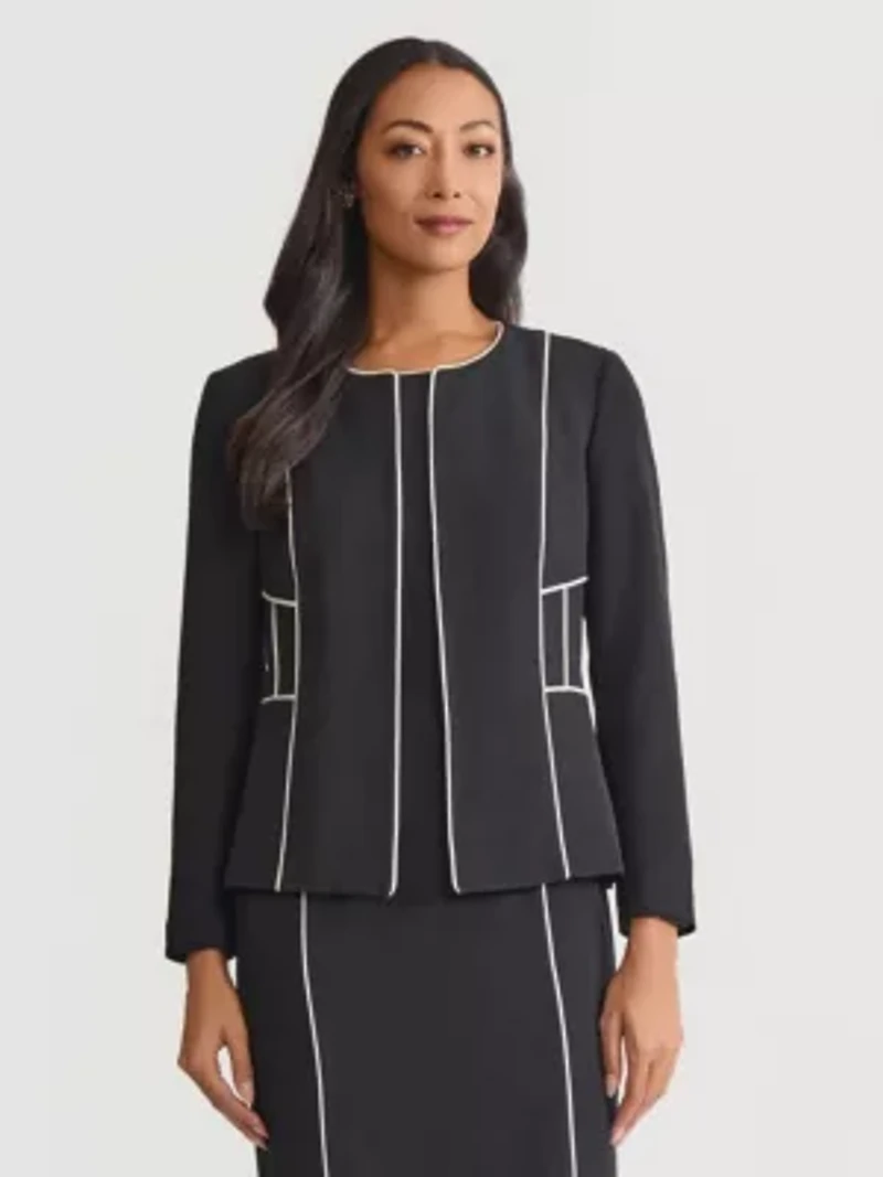 Petite Stretch Crepe Cardigan Jacket with Piping