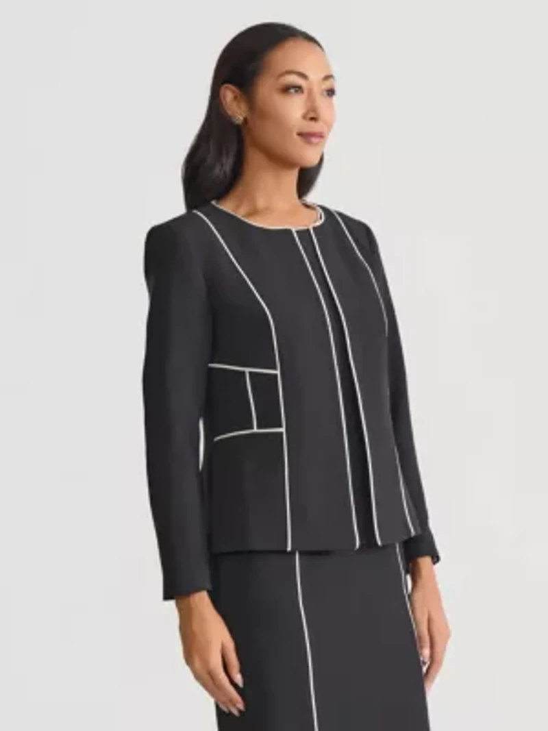 Petite Stretch Crepe Cardigan Jacket with Piping