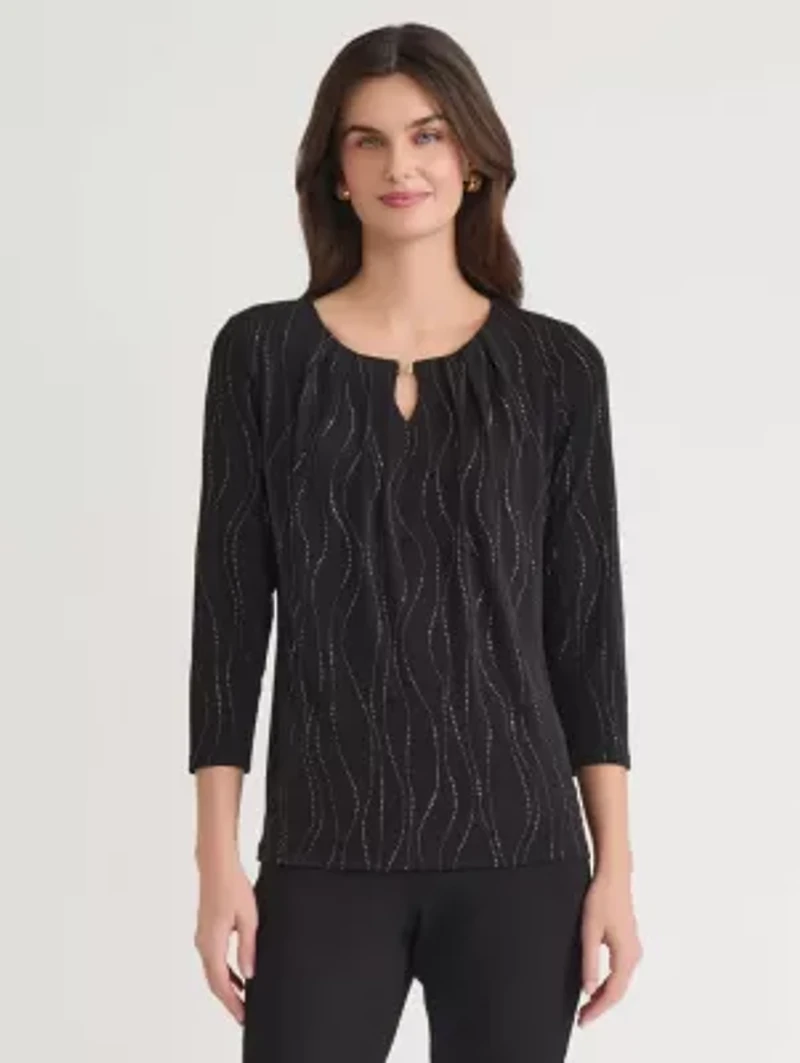 Petite Dewdrop Three Quarter Sleeve Pleat Neck Knit Top