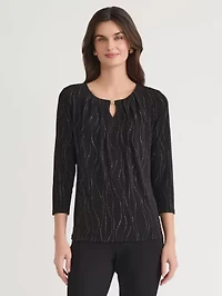 Petite Dewdrop Three Quarter Sleeve Pleat Neck Knit Top