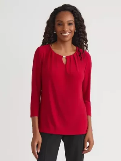 Petite Three Quarter Sleeve Pleat Neck Knit Top