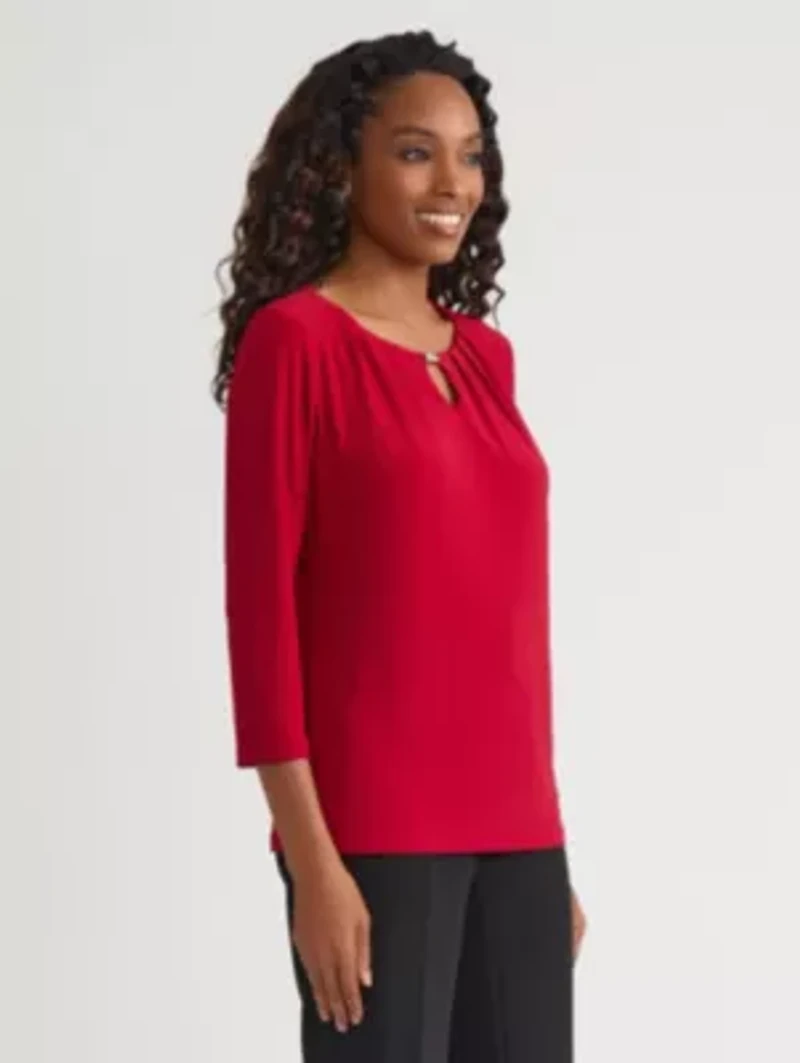 Petite Three Quarter Sleeve Pleat Neck Knit Top