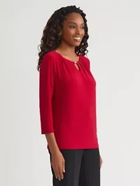 Petite Three Quarter Sleeve Pleat Neck Knit Top