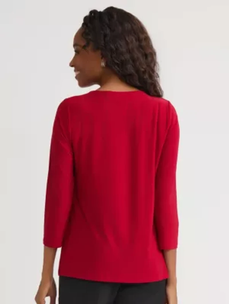 Petite Three Quarter Sleeve Pleat Neck Knit Top