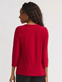 Petite Three Quarter Sleeve Pleat Neck Knit Top