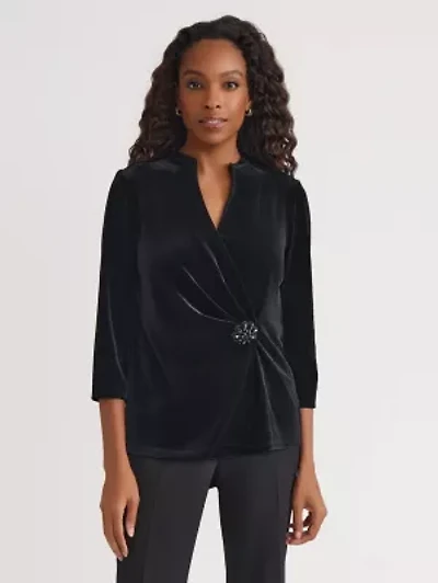 Petite Three Quarter Sleeve Wrap Top with Embellishment