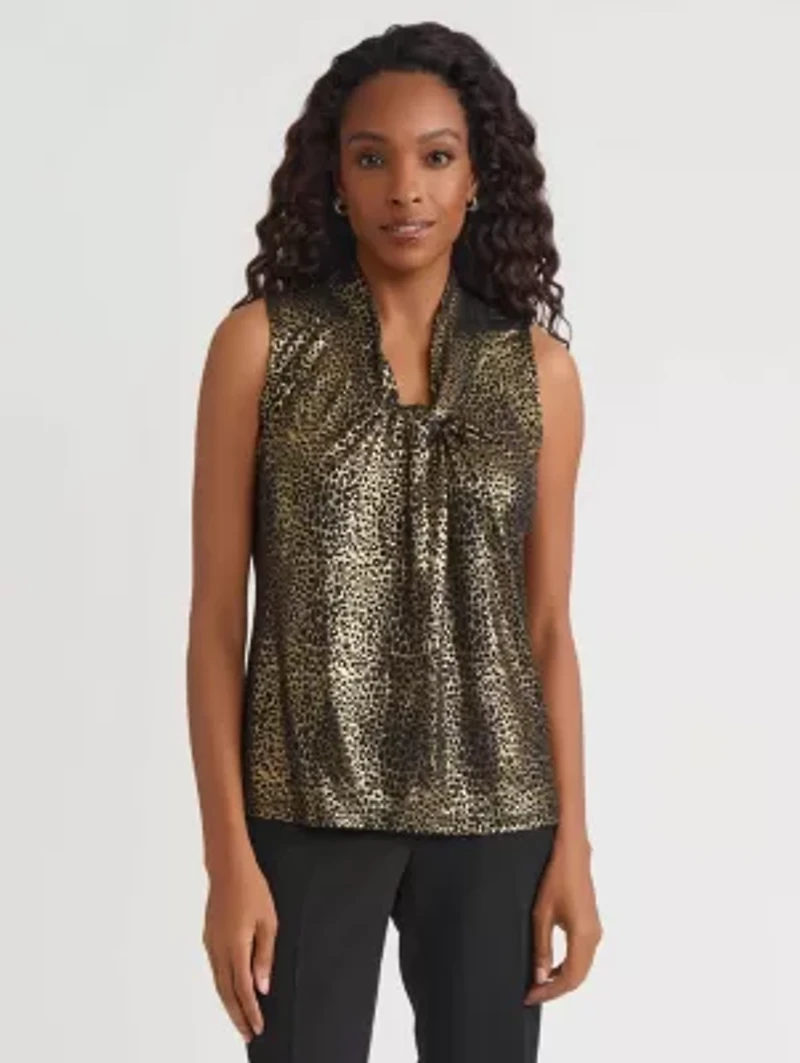 Petite Foil Animal Print Knot Neck Knit Top