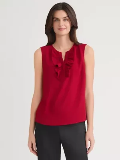 Petite Sleeveless Split Neck Blouse with Ruffle