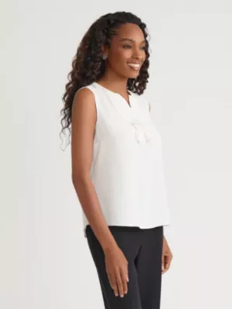 Petite Sleeveless Split Neck Blouse with Ruffle