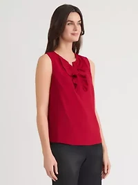 Petite Sleeveless Split Neck Blouse with Ruffle