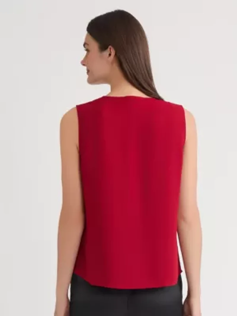 Petite Sleeveless Split Neck Blouse with Ruffle