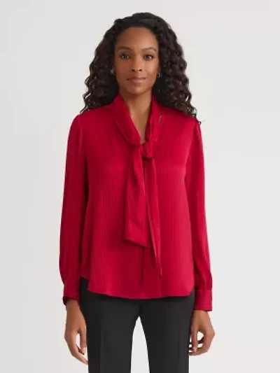 Petite Satin Stripe Long Sleeve Bow Blouse