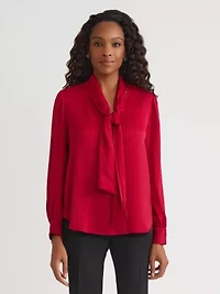 Petite Satin Stripe Long Sleeve Bow Blouse