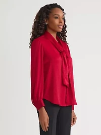 Petite Satin Stripe Long Sleeve Bow Blouse