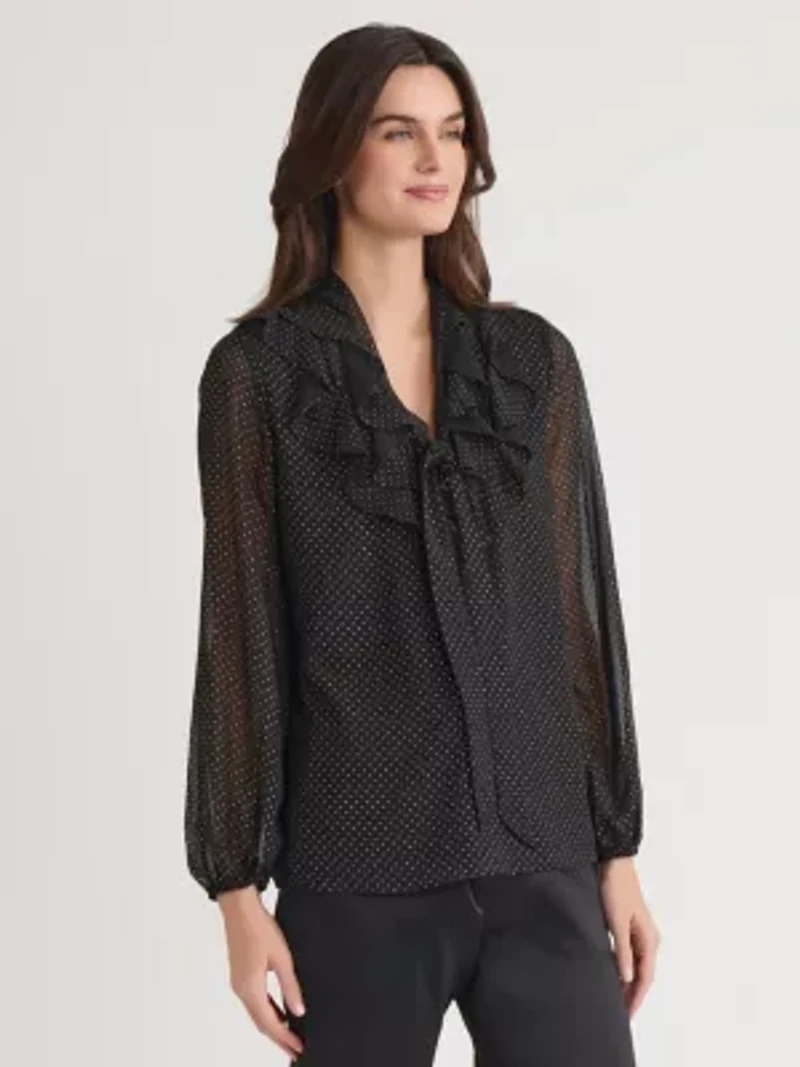 Petite Foil Dot Long Sleeve Ruffle Front Blouse